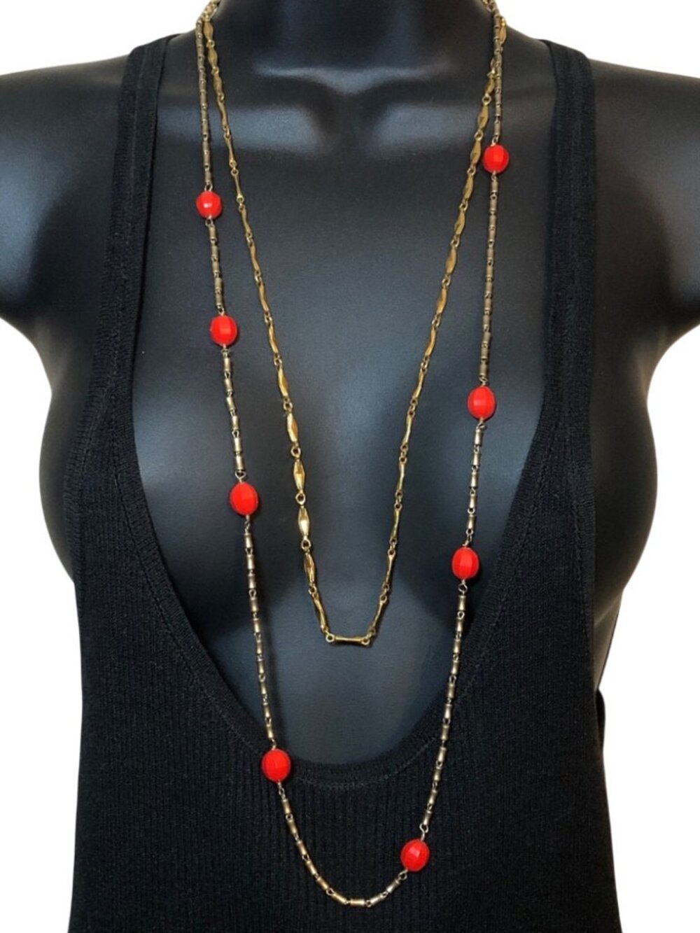 Gold tone vintage Monet chain necklace J crew red stations chain necklace layer.